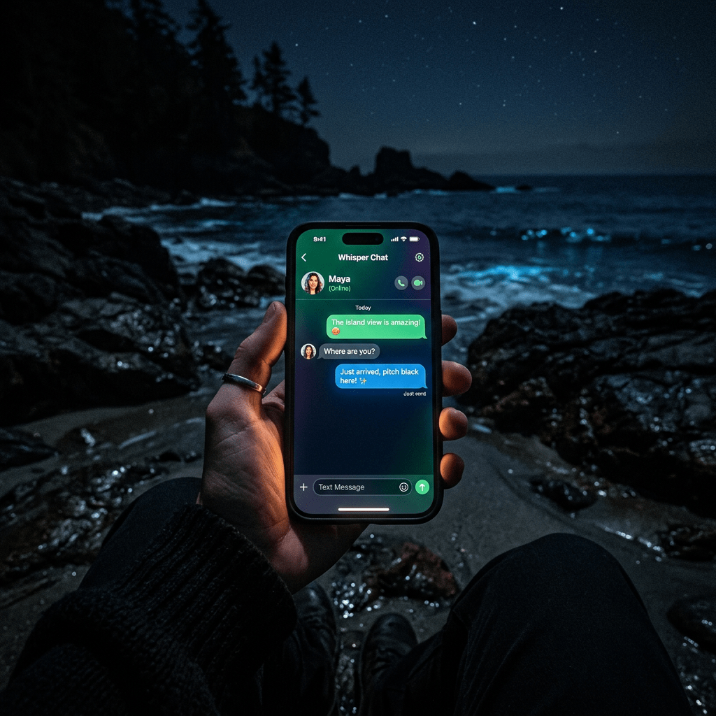 Hand holding smartphone displaying a chat conversation on a rocky beach at night.