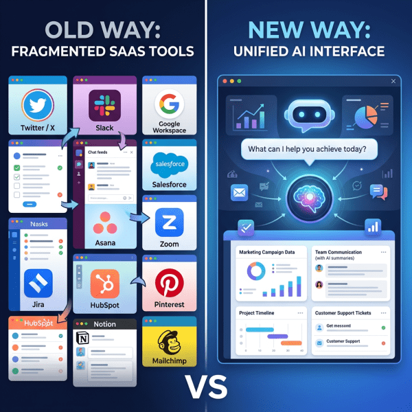 Comparison between fragmented SaaS tools including Twitter, Slack, Google Workspace, Salesforce, Asana, Zoom, Jira, HubSpot, Pinterest, Notion, Mailchimp and a unified AI interface with integrated data and communication dashboards.