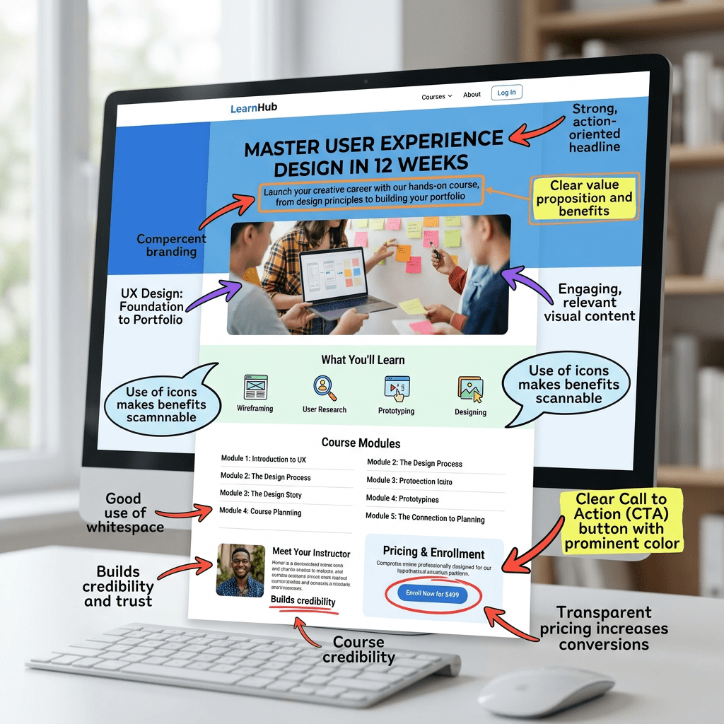 UX design course landing page annotated to show marketing features and course details