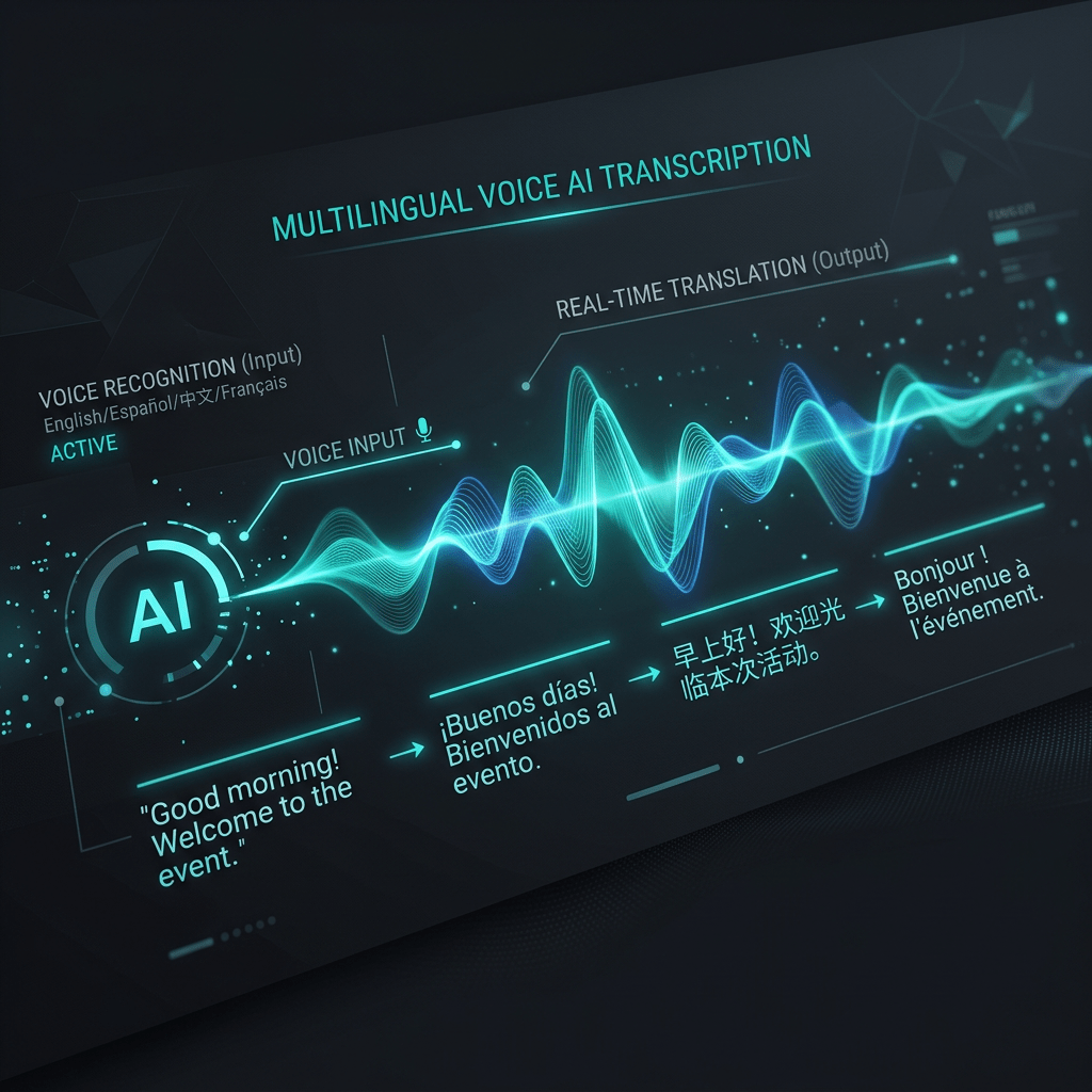 AI interface showing real-time voice transcription and translation from English to Spanish, Chinese, and French