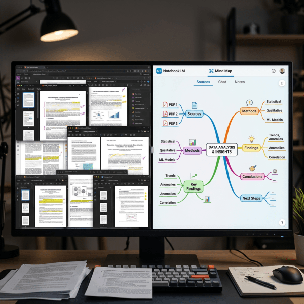 Computer monitor showing multiple PDF documents on left and a data analysis mind map on right screen