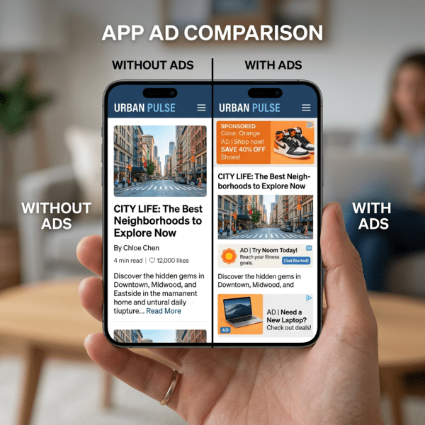 Side-by-side mobile app screens showing article content without ads on the left and with ads on the right under the title Urban Pulse