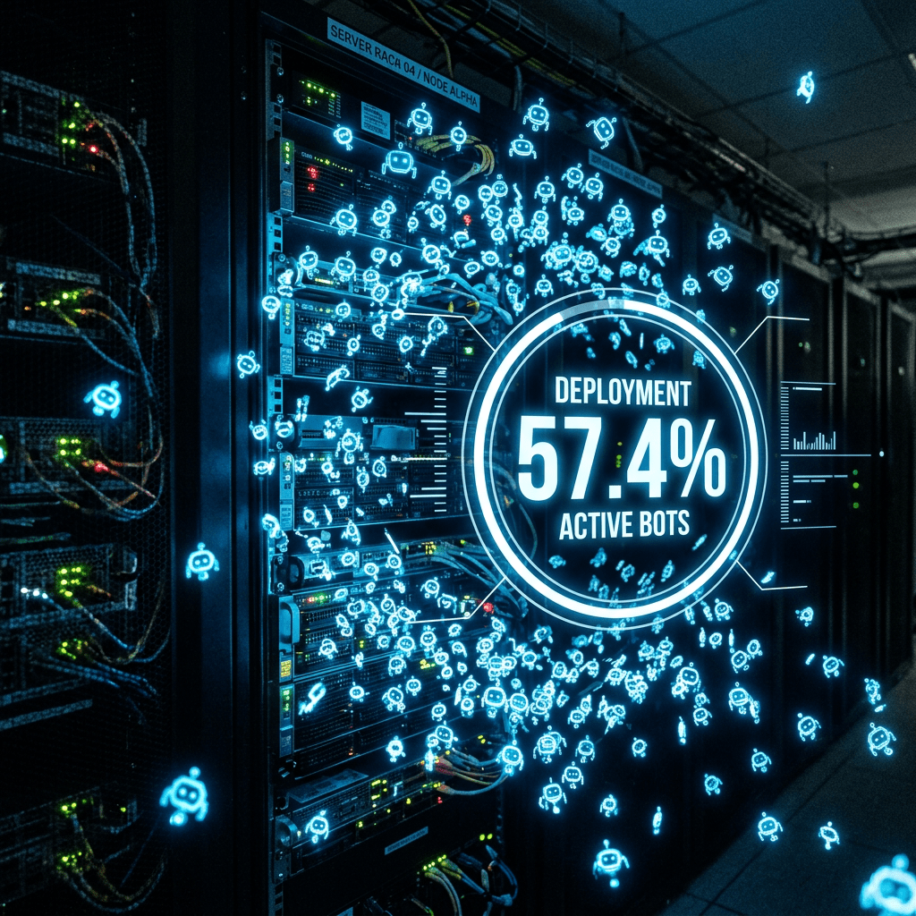 Server racks with glowing icons and graphic showing 57.4% deployment active bots