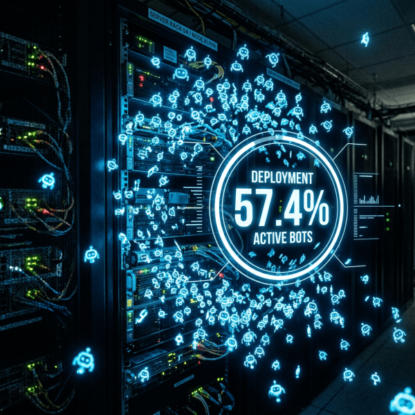 Server racks with glowing icons and graphic showing 57.4% deployment active bots