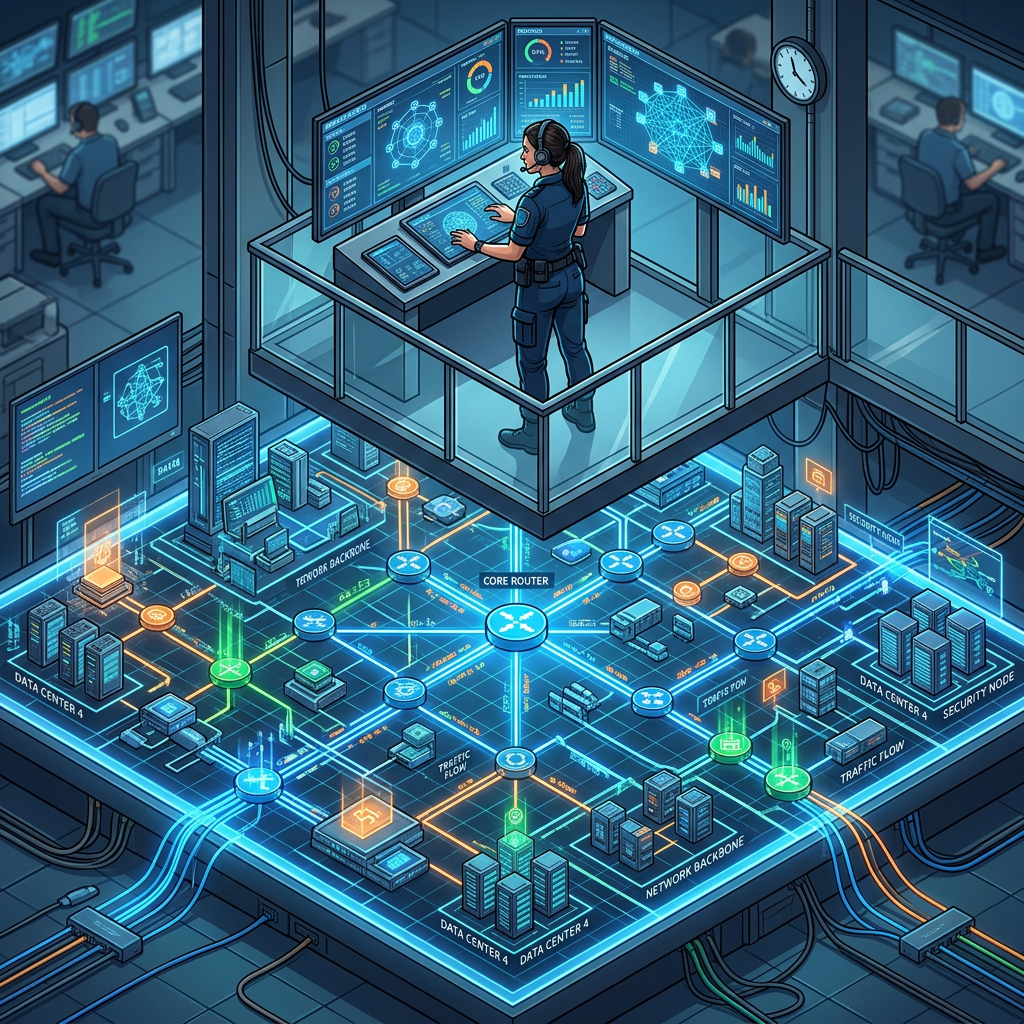 Operator in control room monitoring network topology with digital data flow visualization