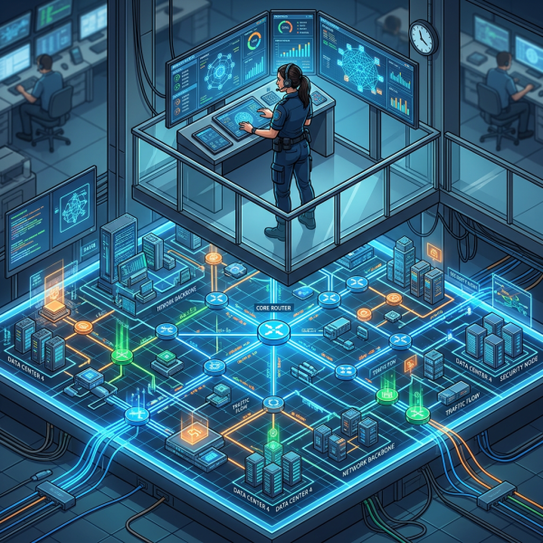 Operator in control room monitoring network topology with digital data flow visualization
