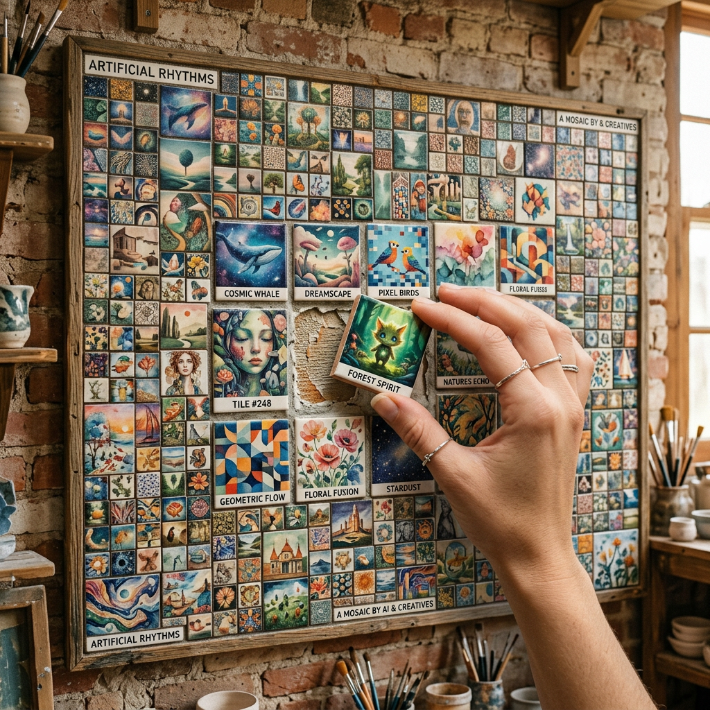 Hand holding a 'Forest Spirit' art tile above a mosaic of small colorful paintings on a wall