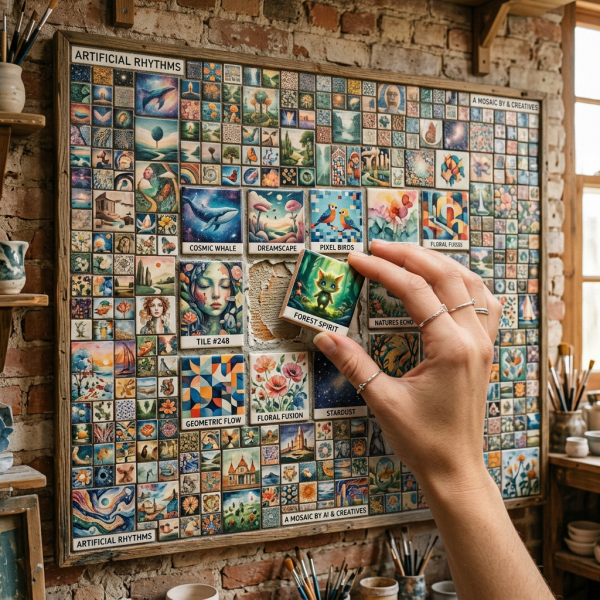 Hand holding a 'Forest Spirit' art tile above a mosaic of small colorful paintings on a wall