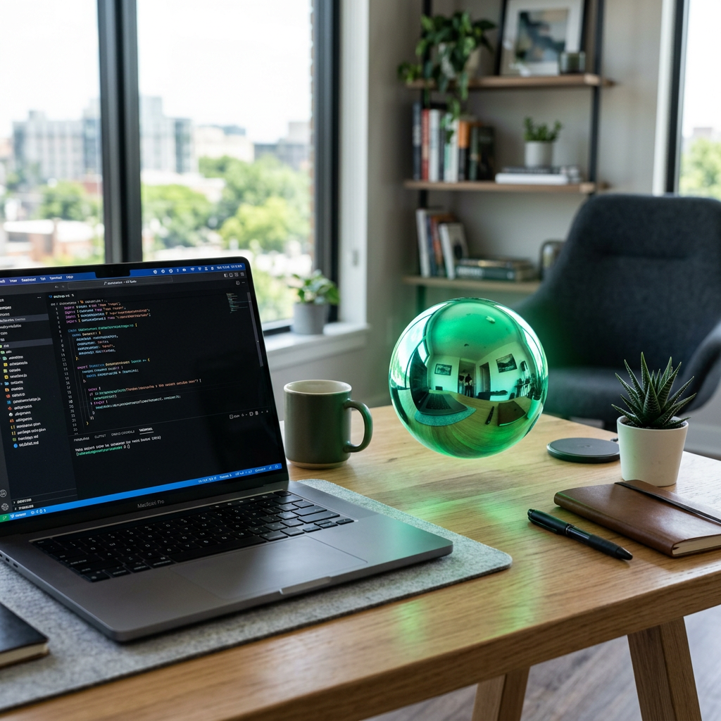 Laptop displaying code on a wooden desk with a floating green orb, coffee mug, plant, and notebook