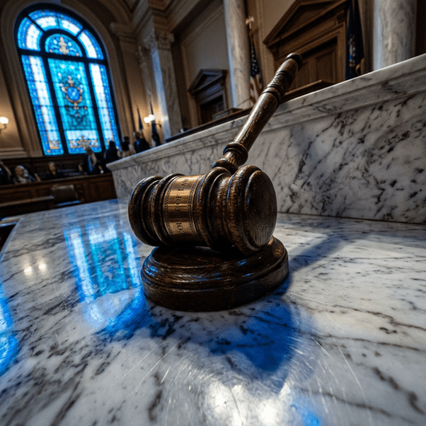 Wooden judge's gavel on marble surface in a courtroom with stained glass window