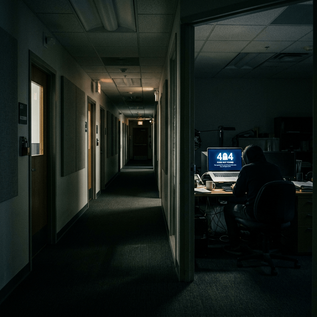 Person in hoodie sitting at desk with laptop showing 404 error in dark office