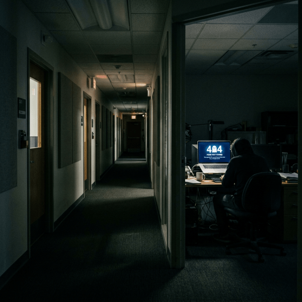 Person in hoodie sitting at desk with laptop showing 404 error in dark office
