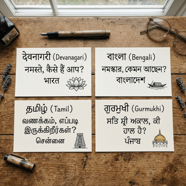 Cards showing greetings in Devanagari, Bengali, Tamil, and Gurmukhi scripts with city names and illustrations