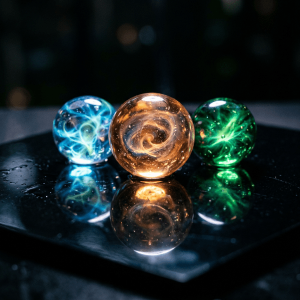 Three glass spheres with blue, amber, and green swirling patterns reflecting on a dark surface