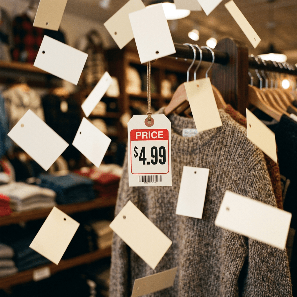 Brown knitted sweater on a hanger with a $4.99 price tag