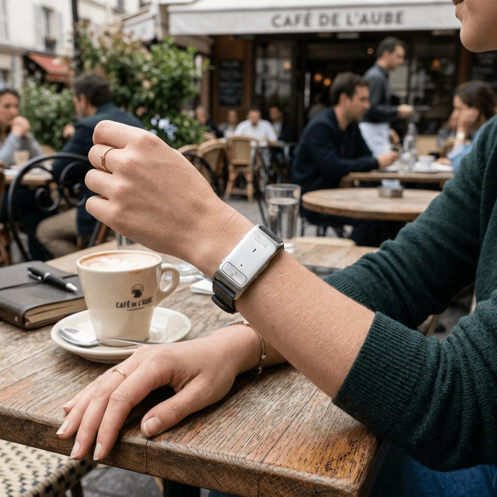 Person wearing and checking a wearable health monitoring device on their wrist at a café table