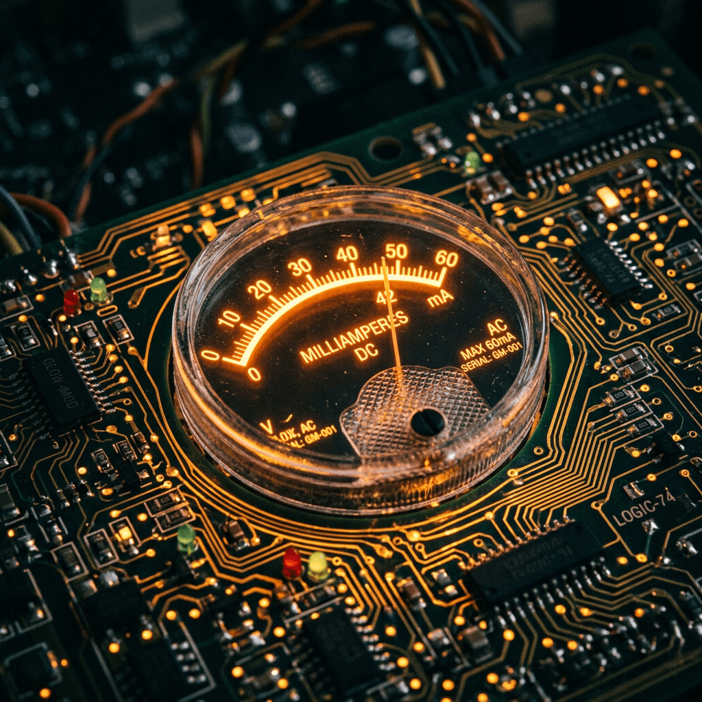Analog milliammeter showing current around 48 milliamperes on a circuit board