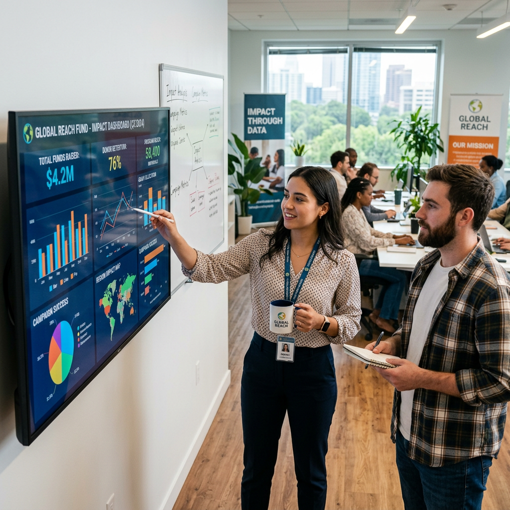 Woman pointing to fundraising and impact data charts on a screen, man taking notes