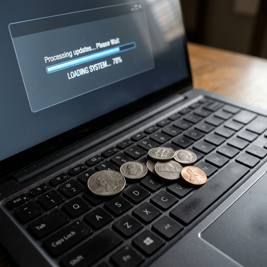Laptop keyboard with coins and screen showing system update at 78%