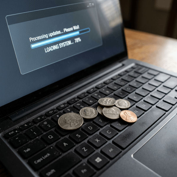 Laptop keyboard with coins and screen showing system update at 78%