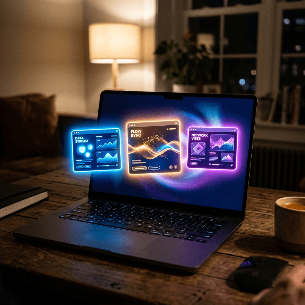Laptop showing three glowing data visualization panels labeled Data Stream, Flow Sync, and Network Vibes