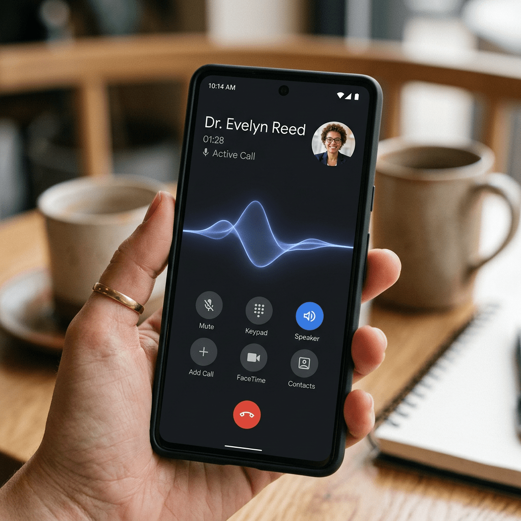 Smartphone screen displaying active call with Dr. Evelyn Reed, call duration 1 minute 28 seconds, with options for mute, keypad, speaker, add call, FaceTime, contacts, and hang up.