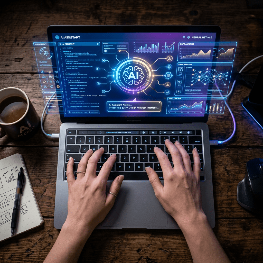 Laptop screen showing AI assistant dashboard with data analysis and graphs