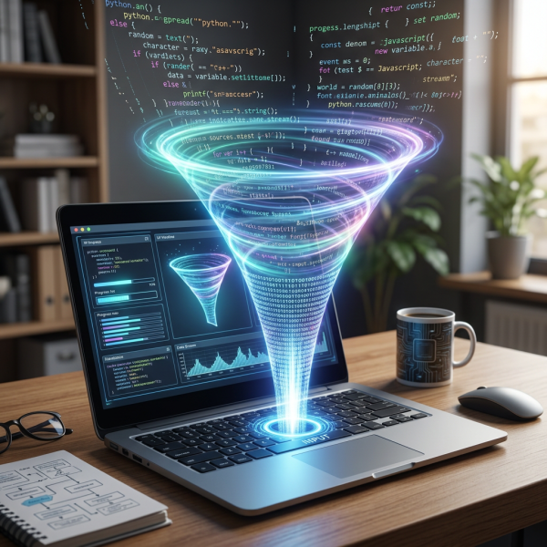 Laptop with digital data funnel and programming code visualization