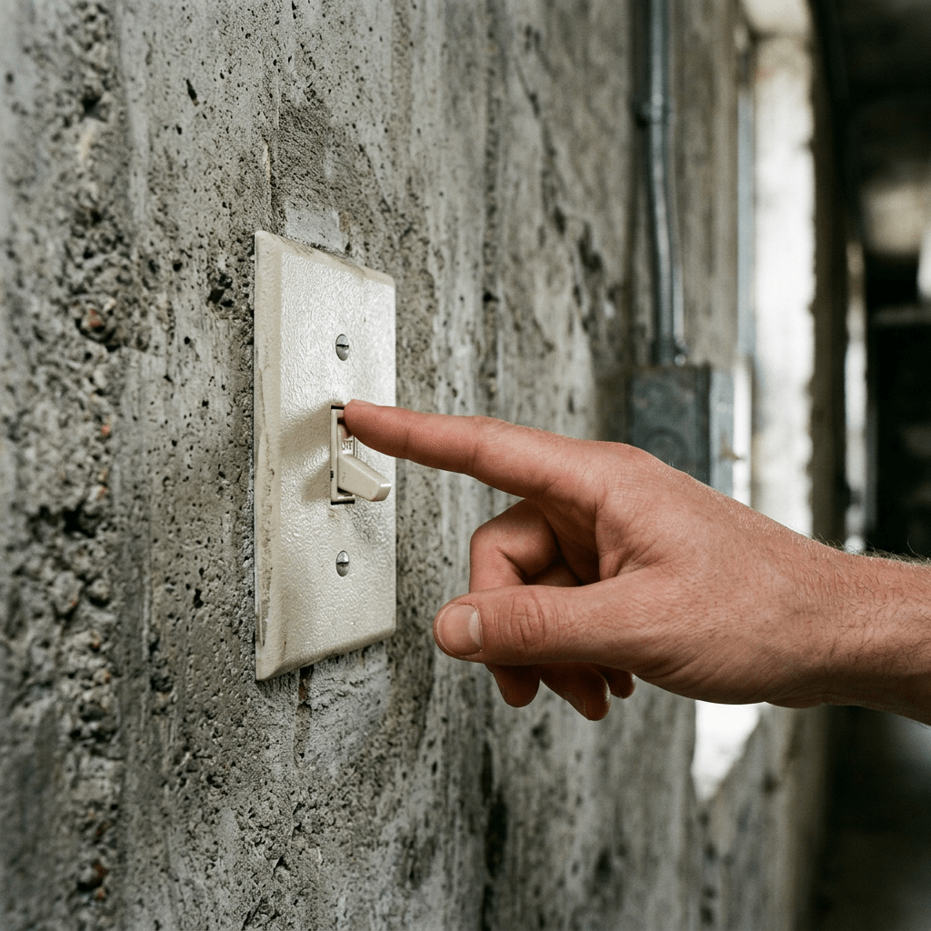 Hand pressing a light switch on a textured concrete wall