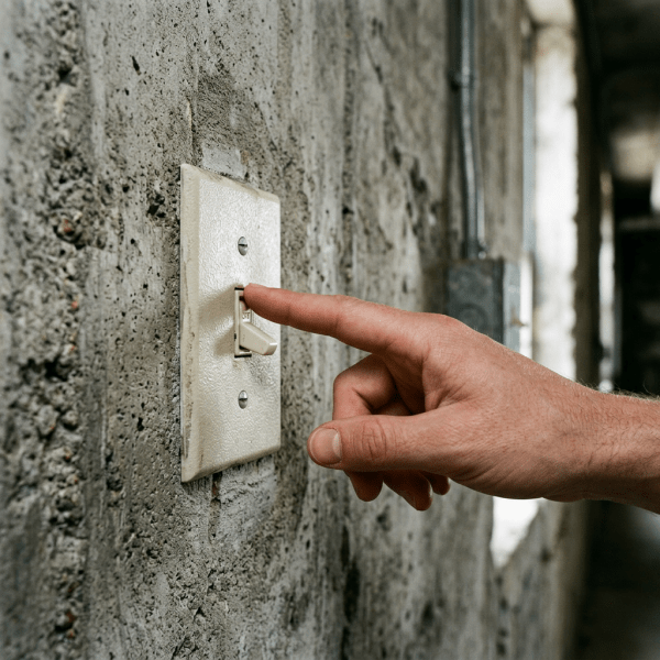 Hand pressing a light switch on a textured concrete wall