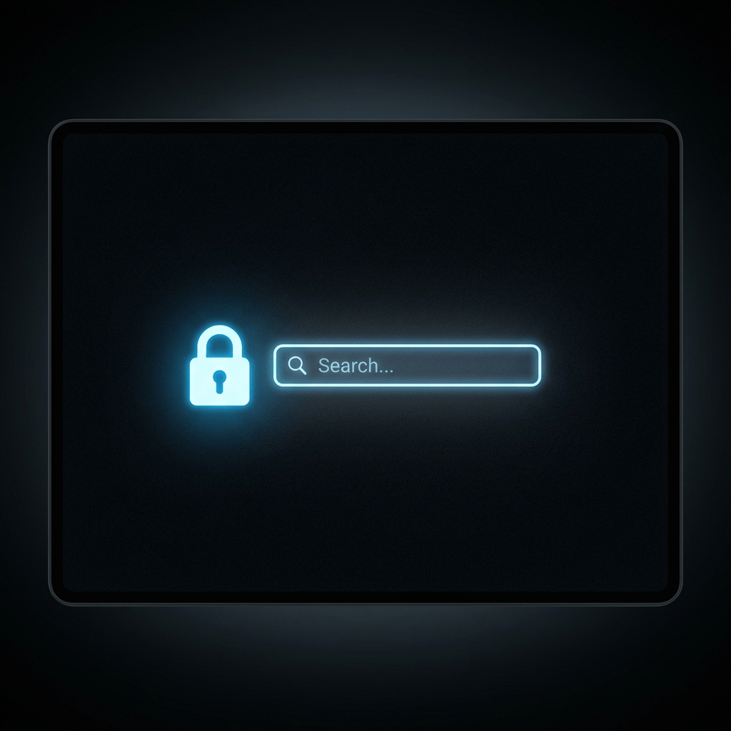 Glowing lock icon next to a search input field with placeholder text 'Search...'