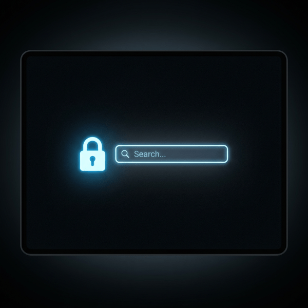 Glowing lock icon next to a search input field with placeholder text 'Search...'