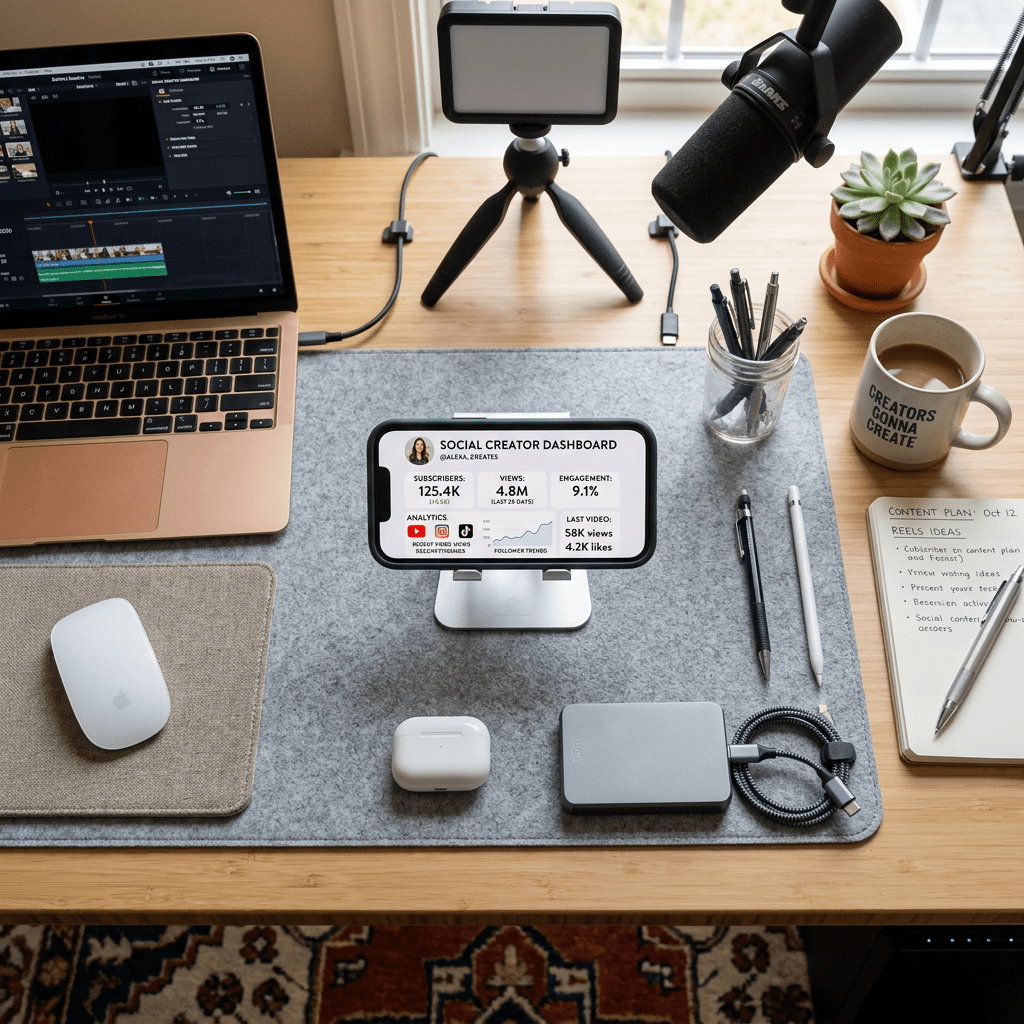 Desk with laptop, smartphone displaying social creator dashboard, microphone, cup of coffee, pens, and notebook with content plan
