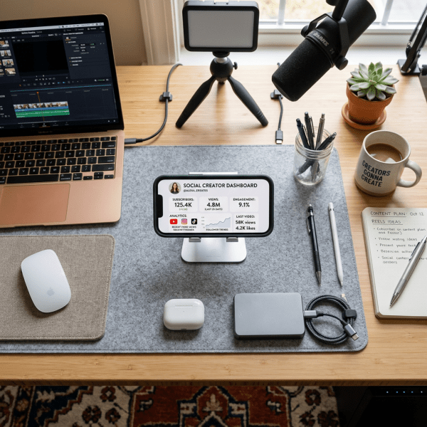 Desk with laptop, smartphone displaying social creator dashboard, microphone, cup of coffee, pens, and notebook with content plan