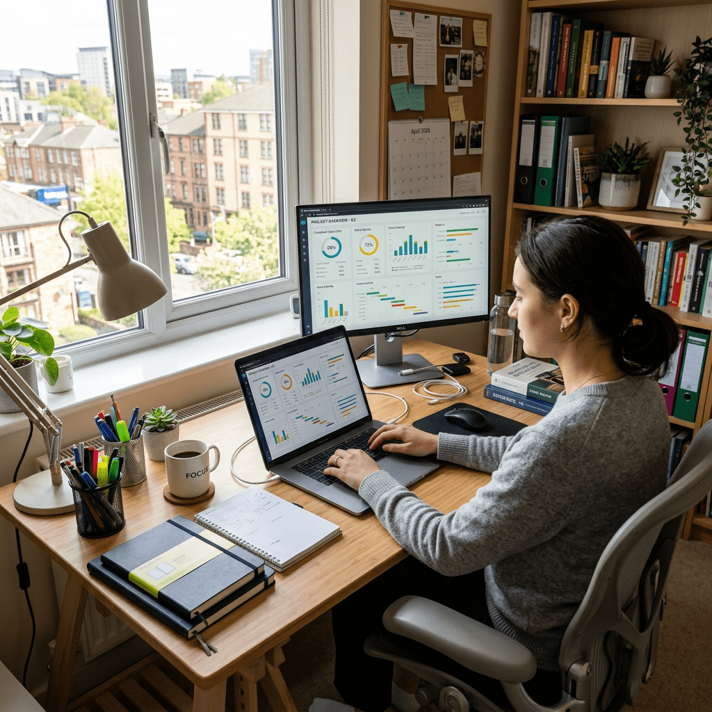 Person using laptop and desktop monitor showing charts and graphs in a home office