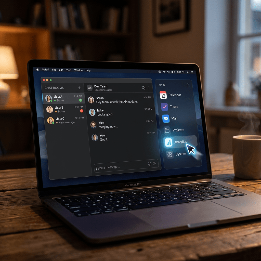 Team chat window active with messages and an app menu showing options including Calendar, Tasks, Mail, Projects, Analytics, and System