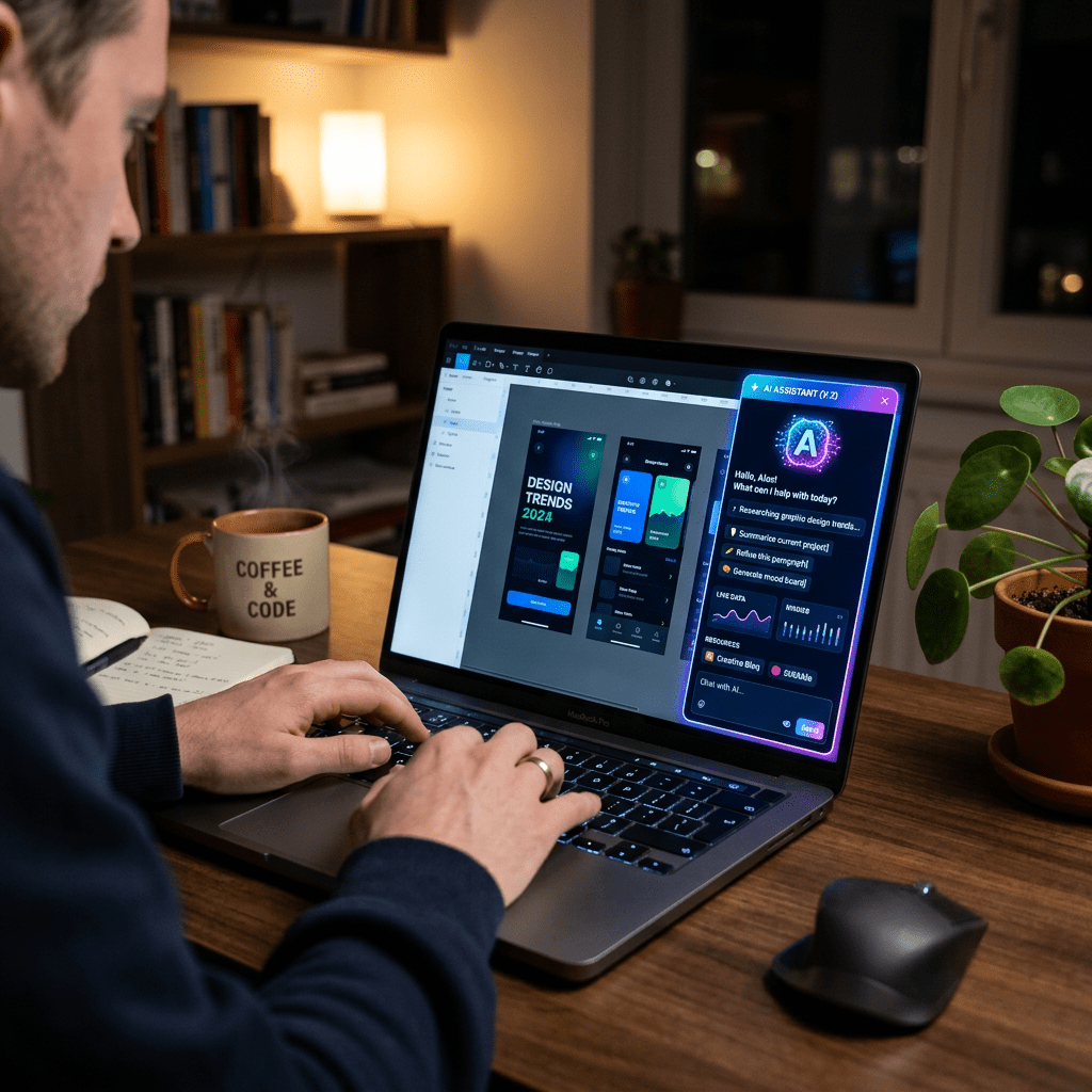 Person working on digital design project with AI assistant on laptop screen