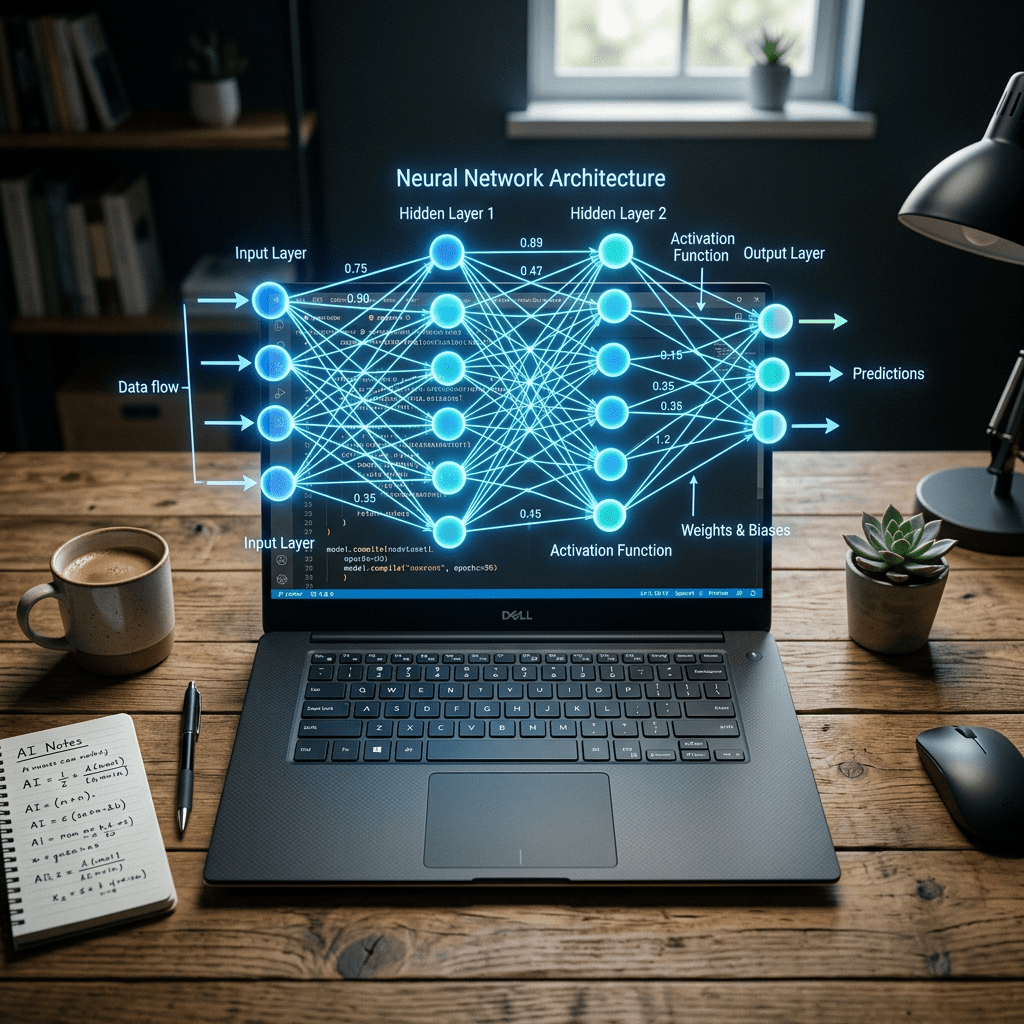 Laptop screen showing a neural network architecture diagram with labeled input, hidden layers, activation functions, and output layers