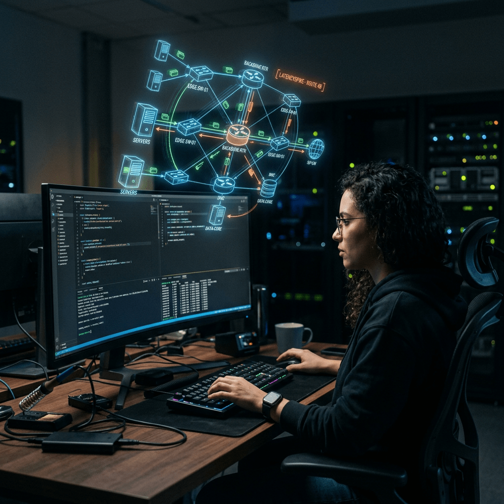Woman working at computer displaying network architecture and server data