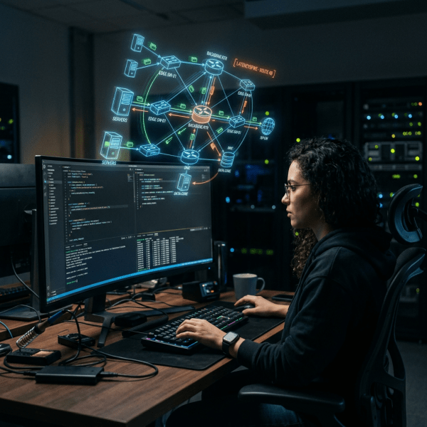 Woman working at computer displaying network architecture and server data