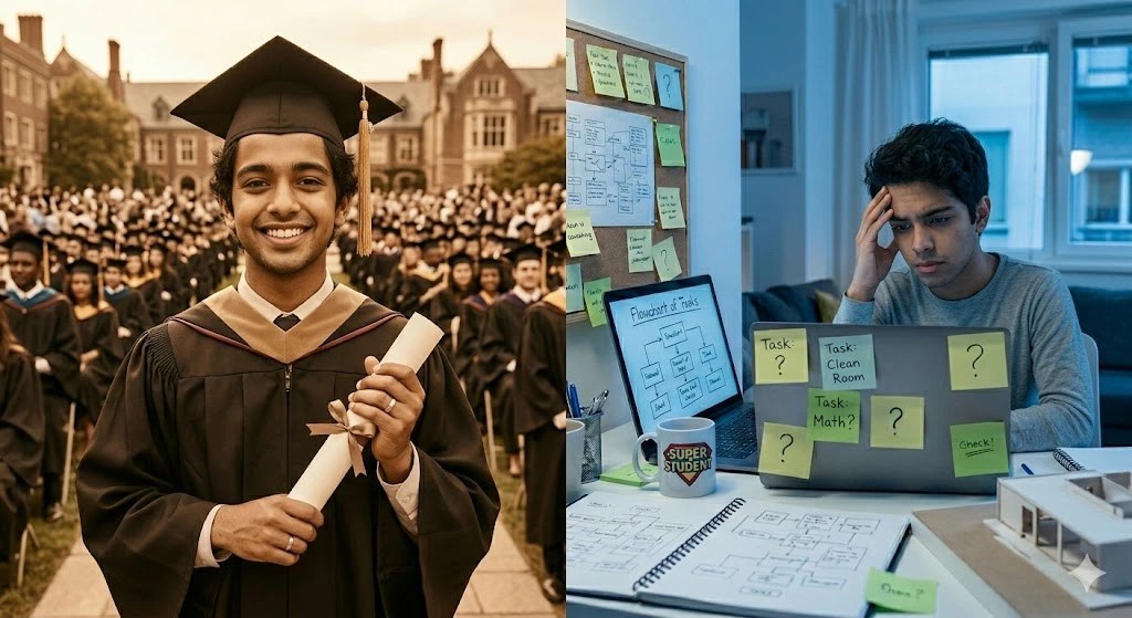 Graduate holding a diploma on one side and working at a cluttered desk on the other