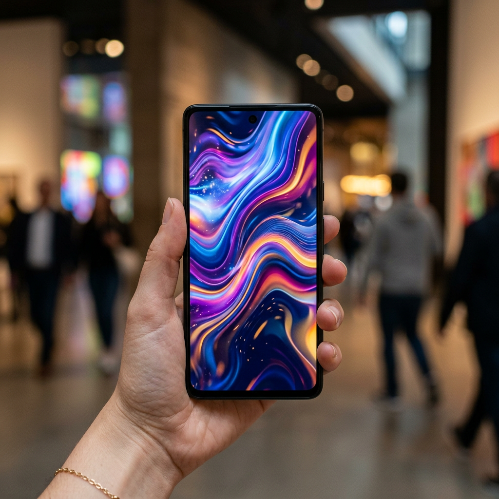 Smartphone showing vibrant abstract swirling colors wallpaper held by a hand
