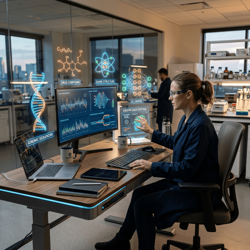 Scientist interacting with AI models and genomic sequencing data in a laboratory