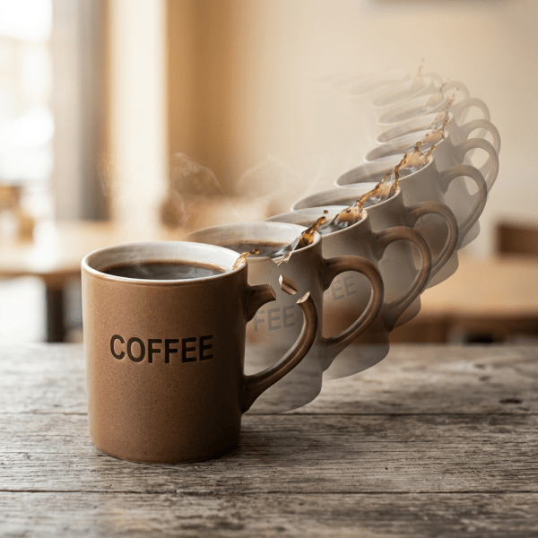 Brown coffee mug labeled COFFEE with visual effect of handle breaking and coffee spilling