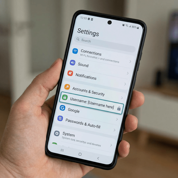 Smartphone screen showing settings menu with account and security options and a placeholder for username