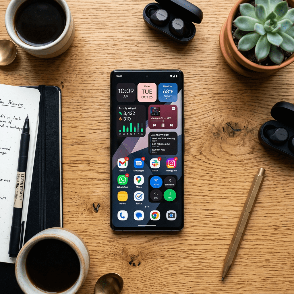 Smartphone on wooden desk showing home screen with time, weather, activity, calendar, and app icons