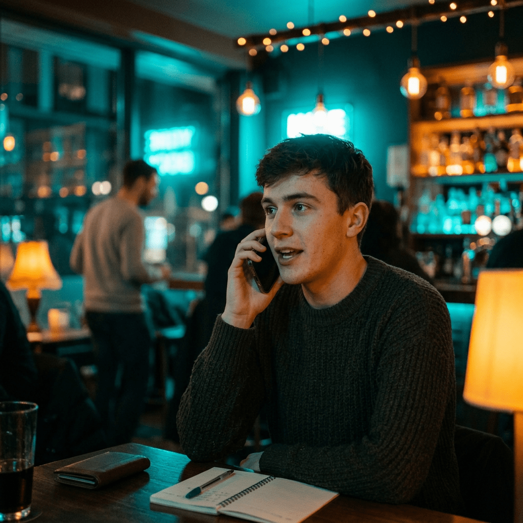 Young man talking on phone at a bar with notebook and pen on table