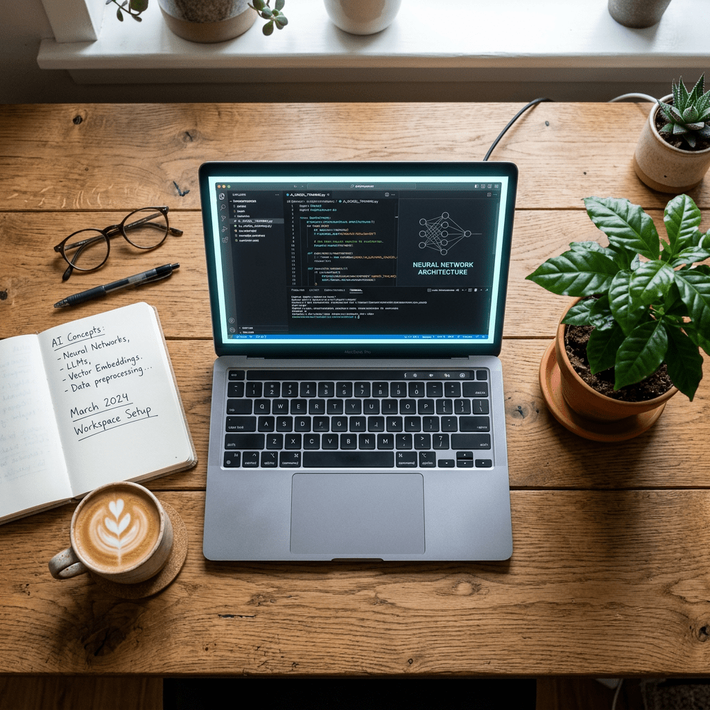 Laptop showing neural network architecture code on wooden desk with notebook, glasses, coffee, and plants