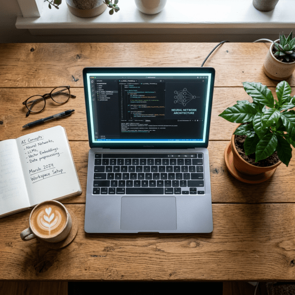 Laptop showing neural network architecture code on wooden desk with notebook, glasses, coffee, and plants