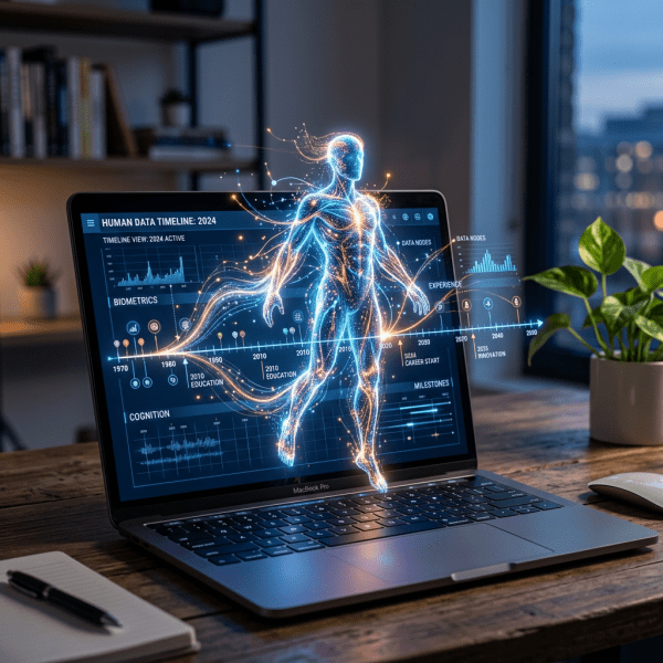 Holographic human figure with biometric and cognitive data timeline displayed on laptop screen